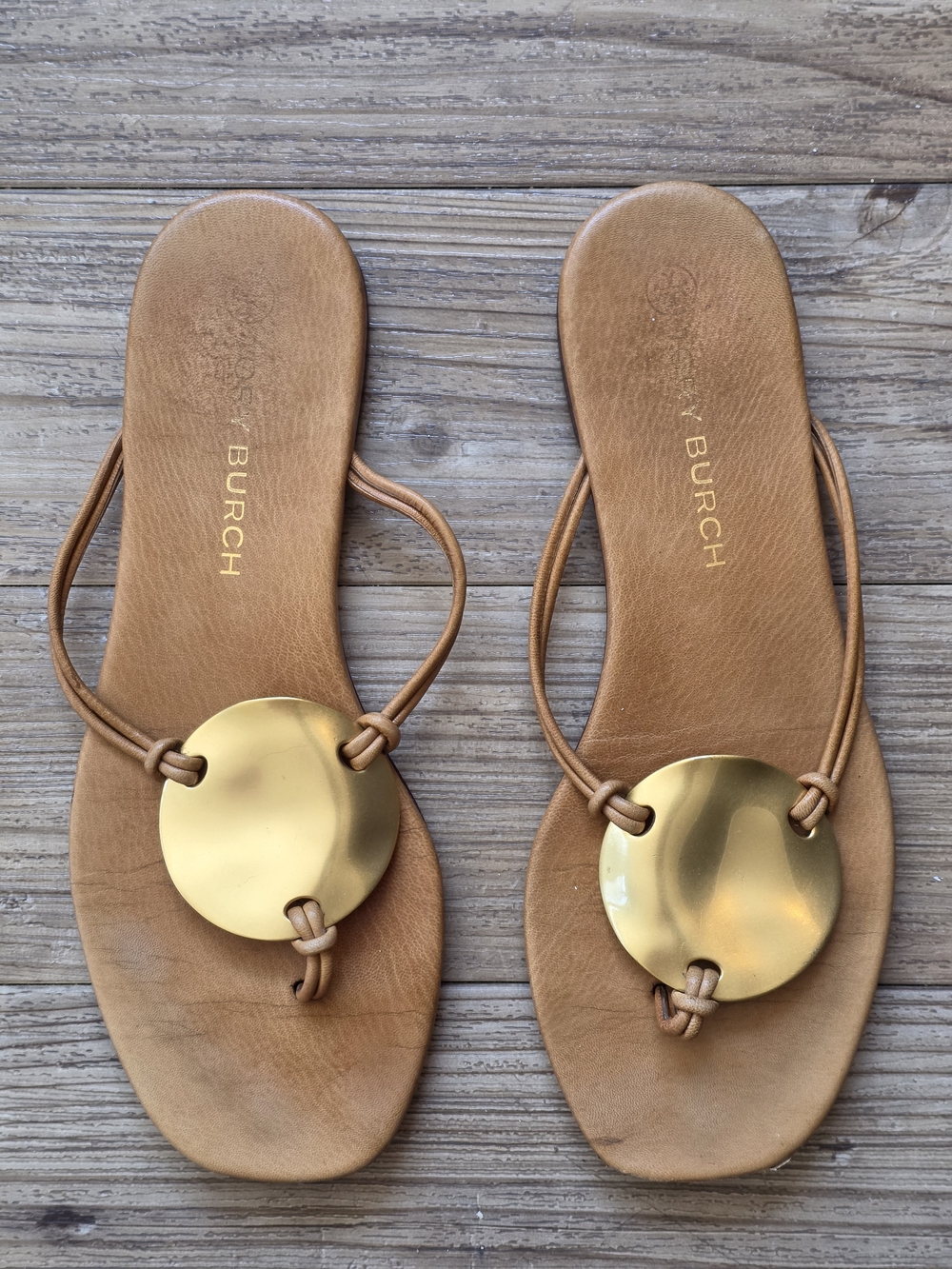 Tory Burch Tan Leather Sandal with Gold Medallion